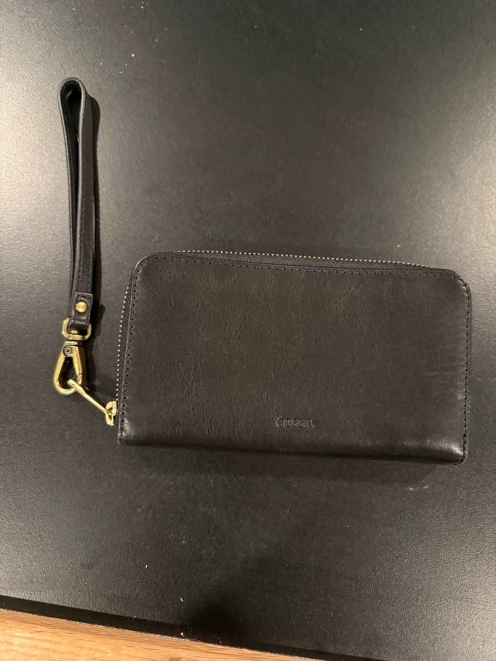 Fossil Black Leather Wristlet with Gold Hardware. Like New.